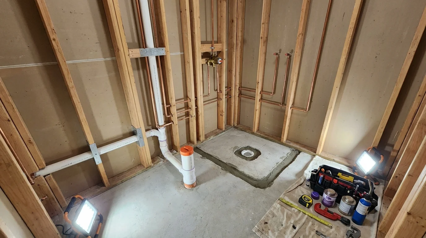 Bathroom rough-in plumbing during remodel by Johns Plumbing LLC in New Johnsonville