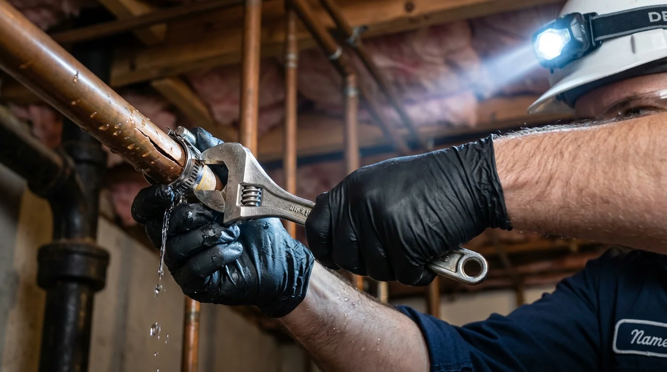 Emergency pipe clamp repair being performed by a Johns Plumbing LLC plumber in New Johnsonville