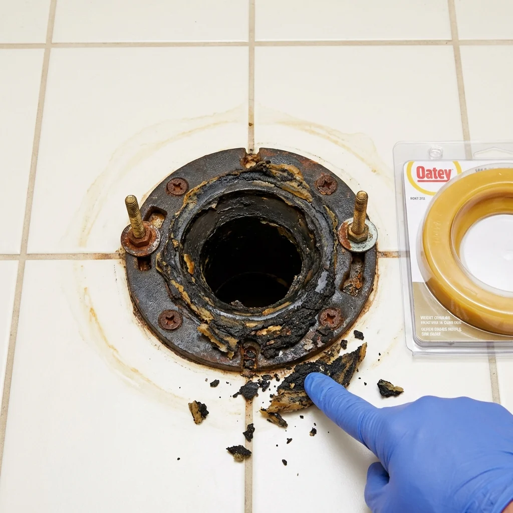 Failed wax ring showing water seepage at the base of a toilet in a New Johnsonville, TN home