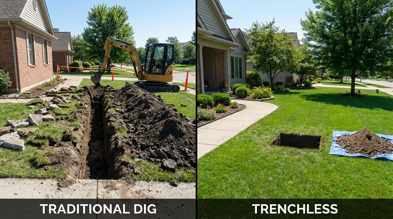 Trenchless sewer repair with minimal yard damage versus traditional excavation in New Johnsonville, TN