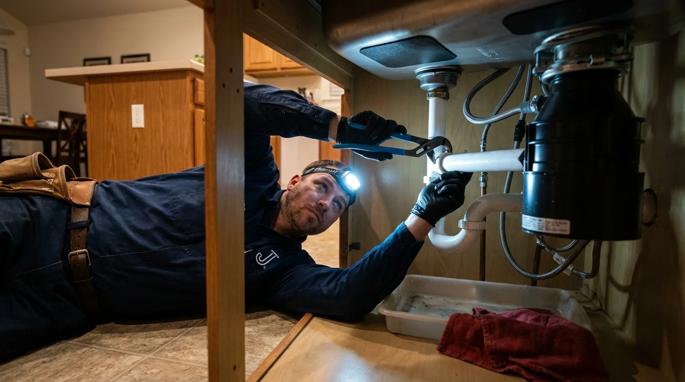 P-trap and supply line connections under a kitchen sink showing a common leak point in New Johnsonville, TN